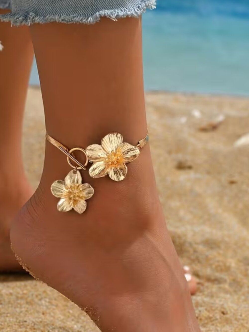 NWT KC Gold Plated Flower Charm Anklet Boho Beach Jewelry